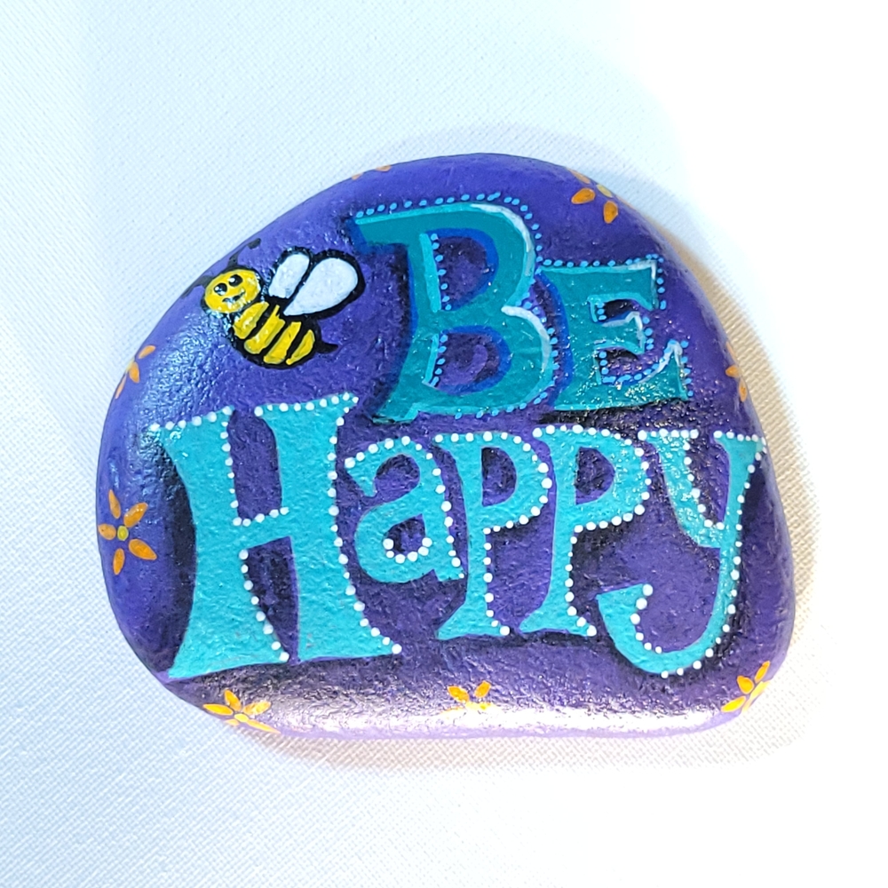 Bee Happy Purple & Teal Painted Rock - Picture 7 of 7